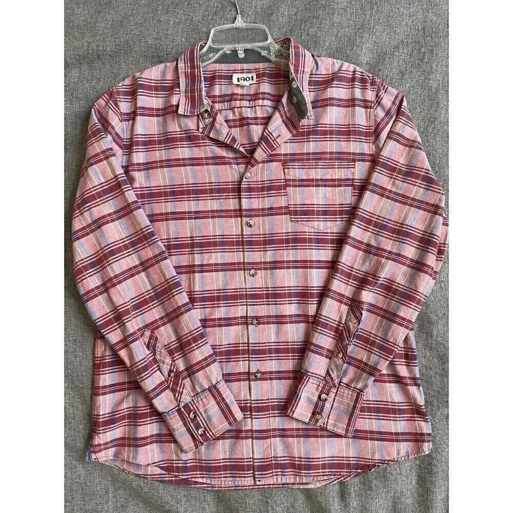1901 Nordstrom Men’s Polo L Plaid Red Button Down‎ Shirt Long Sleeve 100% Cotton